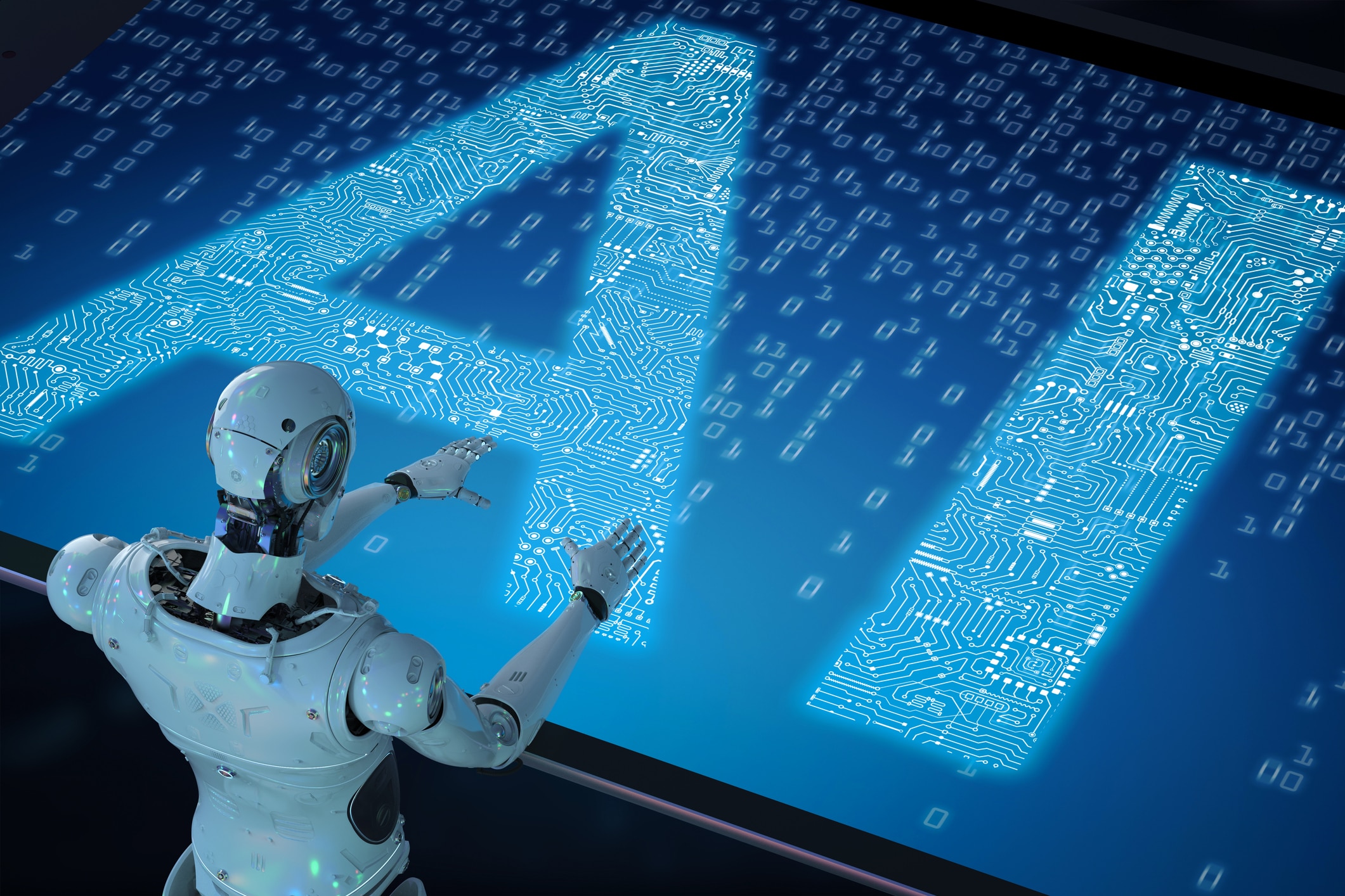 Robot con diseño futurista señalando el texto AI en una pantalla digital con circuitos y números binarios.